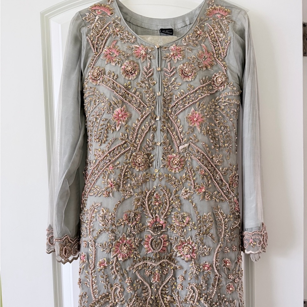 Embroidered Gray and Pink Indian kameez with palazzo pants
